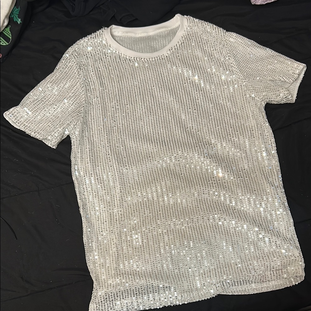 SHEIN Silver Sequin Short Sleeve Tee